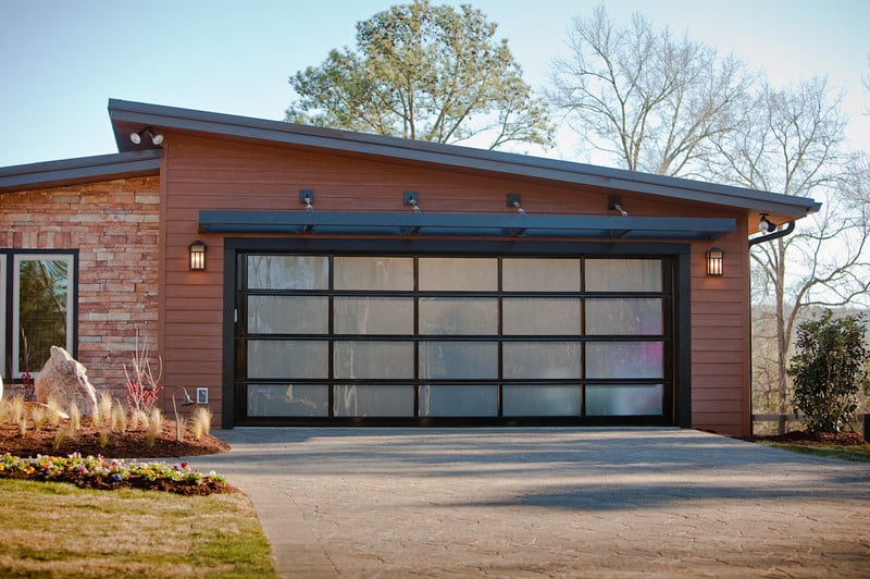 Modern garage door with glass paneling